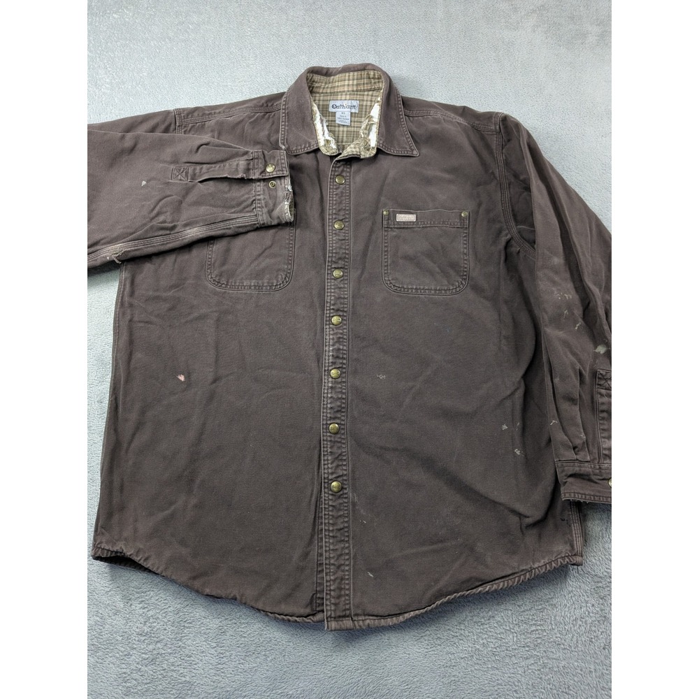 Carhartt Mens XL Tall Brown Canvas Shirt Jacket Plaid Lined Distressed Workwear - Picture 2 of 16